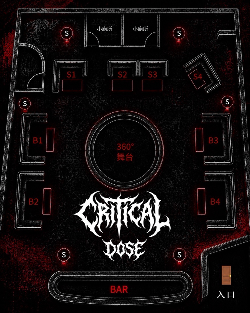 CriticalDose 浪漫屋聽鐵包廂座位圖，標示 B1 B2 B3 B4、S1 S2 S3 S4、360 度舞台、BAR 與入口